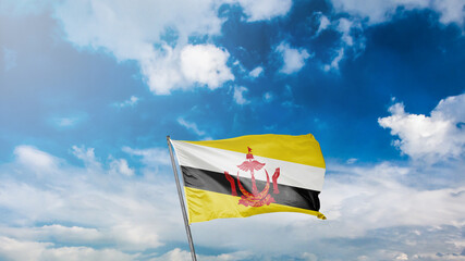 mavi gök yüzü arka planında brunei bayrağı Translation: flag of brunei on blue sky background