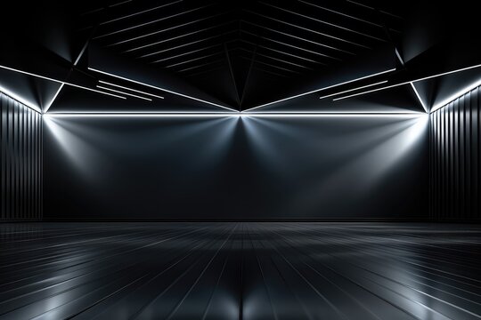 A futuristic background image for visual content, featuring a black garage adorned with illuminating light strips, creating a dynamic scene. Photorealistic illustration