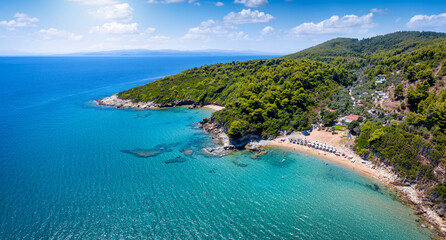 Panoramic aerial view of the little beach of Vromoneri, close to the fishing village Katigiorgis, Mounta Pelion, Greece
