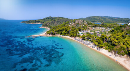 Fototapeta na wymiar Aerial view of the popular Banana Beach at Skiathos island, Sporades, Greece, with fine sand and pristine sea