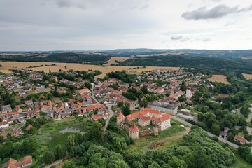 Fototapeta na wymiar Cervena Recice castle and town with old city square aerial panorama view, czech cityscape,vysocina Region,Czechia,Europe