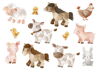 Cute farm isolated animals set. Watercolor country cow, pig, chicken, rabbit, horse characters. Little countryside residents collection, nursery, children books, posters, apparel. - 629442329