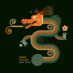  Chinese Happy New Year 2024. Year of the Dragon. Symbol of New Year. Green dragon in geometric flat modern style on a black background