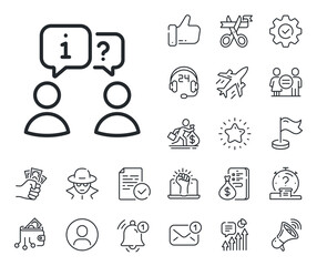 Job information sign. Salaryman, gender equality and alert bell outline icons. Interview line icon. Business meeting symbol. Interview line sign. Spy or profile placeholder icon. Vector