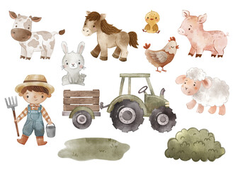 Cute farm animals, isolated set. Watercolor farmer, tractor with trailer, cow, pig, chicken, horse, rabbit, characters. Countryside elements collection for nursery, children books, posters, apparel.