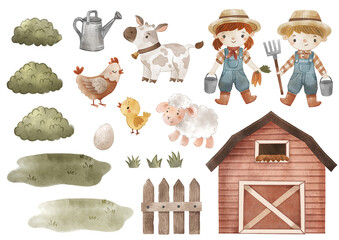 Farm scenery elements, isolated set. Watercolor farmers, barn, fence, cow, plants, sheep, hen family characters. Countryside illustrations collection for nursery, children books, posters, apparel. - 629442538