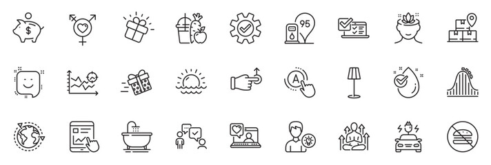 Icons pack as Seo analysis, Piggy bank and Delivery service line icons for app include No burger, Floor lamp, Service outline thin icon web set. Petrol station, Bath, Internet report pictogram. Vector