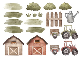 Farm scenery elements, isolated illustrations set. Watercolor barns, fence, plants, grass, tractor, trailer, bush drawings. Countryside design collection for nursery, children books, posters, apparel. - 629442589