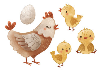 Cute little chicken hen family, watercolor farm animals. Chicken coop, baby book, card, poster, nursery, apparel. Hand drawn isolated hen with chicks and egg. - 629442598