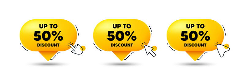 Up to 50 percent discount. Click here buttons. Sale offer price sign. Special offer symbol. Save 50 percentages. Discount tag speech bubble chat message. Talk box infographics. Vector