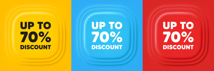 Up to 70 percent discount. Neumorphic offer banners. Sale offer price sign. Special offer symbol. Save 70 percentages. Discount tag podium background. Product infographics. Vector