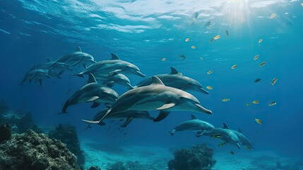 Big family of dolphins swimming in the wide blue ocean. Generative AI.