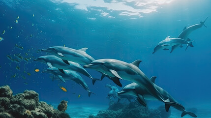 Naklejka premium Family of dolhins swimming in the wide open blue ocean. Generative AI.