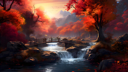 first day fall in autumn, river and shiny sun with fall maple leave, autumn view in nature, Generative AI