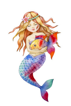 Cute mermaid  holding fish cartoon, watercolor illustration.