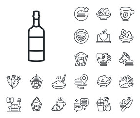 Whiskey or Scotch alcohol sign. Crepe, sweet popcorn and salad outline icons. Brandy bottle line icon. Brandy bottle line sign. Pasta spaghetti, fresh juice icon. Supply chain. Vector