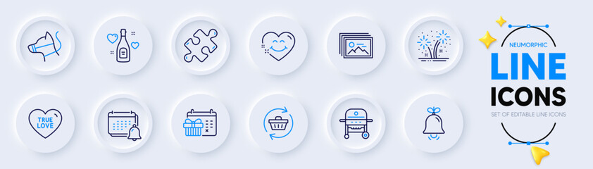 Bell, Fireworks and Christmas calendar line icons for web app. Pack of Image gallery, True love, Gas grill pictogram icons. Smile face, Notification, Refresh cart signs. Love champagne. Vector