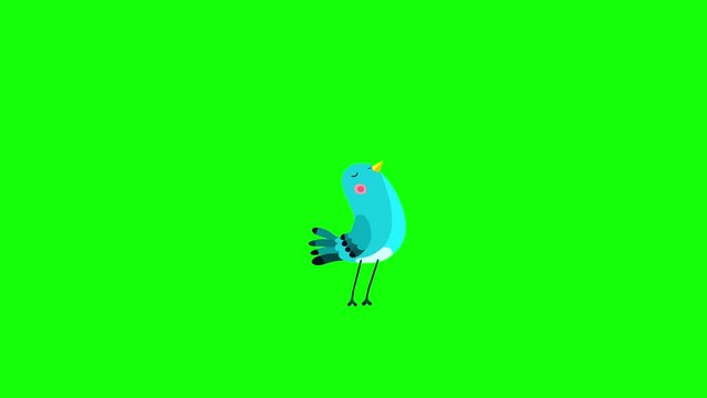 Nightingale blue bird cartoon animation character singing green screen. Blinking eyes opening bill seamless loop behaviour.

