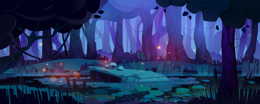 Night jungle forest swamp with firefly background. Fantasy lake landscape with duckweed and marsh. Spooky halloween nature scene with moonlight beam, foliage tree silhouette and wine in evening.