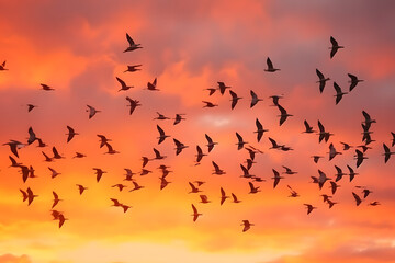 Panning shot of a flock of birds in flight against a colorful sunset sky. Generative AI