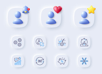 Kpi, Gears and Loan percent line icons. Placeholder with 3d bell, star, heart. Pack of Snowflake, Anti-dandruff flakes, Full rotation icon. User, Timer pictogram. For web app, printing. Vector