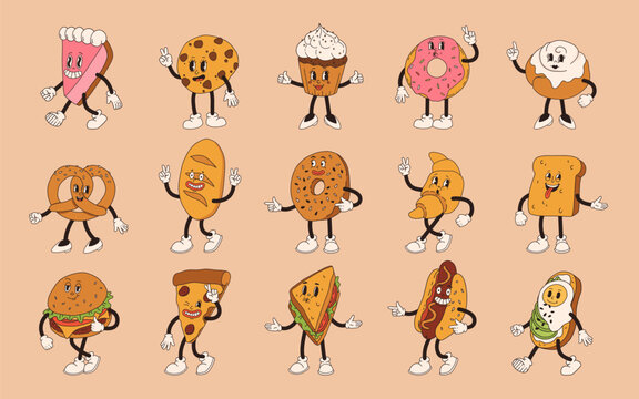 Vector cartoon retro mascot of different bread, desserts, cookies, cheeseburger and hotdog. Vintage style 30s, 40s, 50s old animation. The clipart is isolated on a beige background.