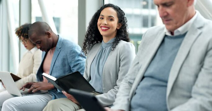 Face, woman and waiting room with notebook planning, recruitment schedule or job search notes. Happy and diversity people with Human Resources, tech and journal for opportunity or interview in lobby