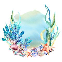 Marine composition on a blue background. Seaweed, corals and starfish. Watercolor illustration. Underwater inhabitants.