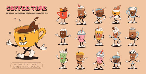 Retro groovy set with coffee mascot, cartoon characters, funny colorful doodle style characters, cappuccino, cocoa, latte, espresso. Vector illustration on beige isolated background.