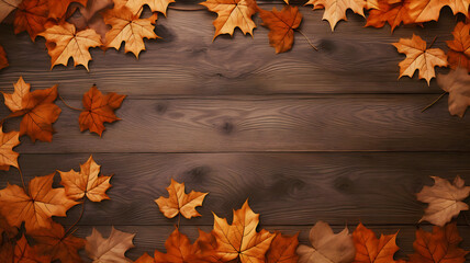 Naklejka na ściany i meble brown wood with autumn maple leaves, Generative AI 