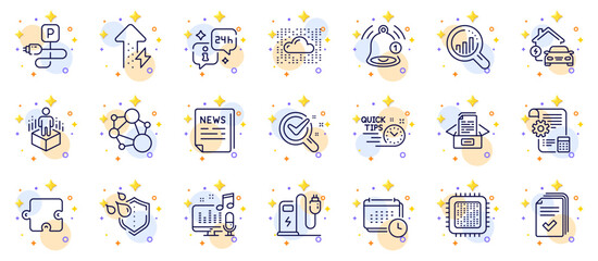 Fototapeta na wymiar Outline set of Augmented reality, Fake news and Info line icons for web app. Include Home charging, Cloud system, Waterproof pictogram icons. Podcast, Chemistry lab, Energy growing signs. Vector