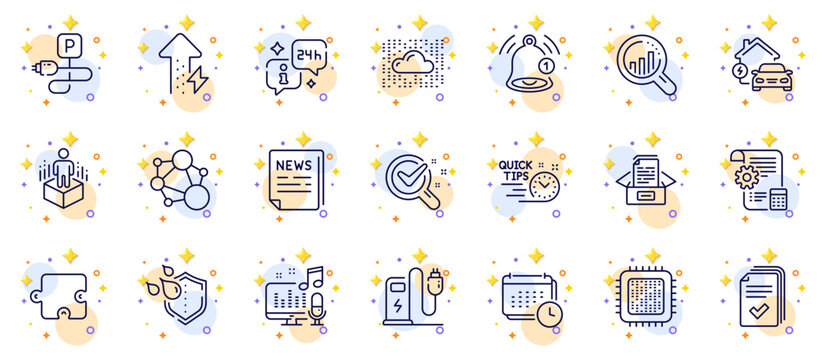 Outline set of Augmented reality, Fake news and Info line icons for web app. Include Home charging, Cloud system, Waterproof pictogram icons. Podcast, Chemistry lab, Energy growing signs. Vector