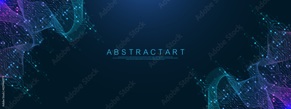 Aufkleber Quantum computer technologies concept. Futuristic blue circuit board background vector. Modern technology circuit board texture background design. Waves flow. Quantum explosion technology.