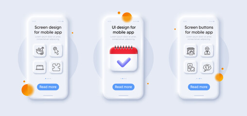 Obraz premium Laptop, Phone puzzle and Vacancy line icons pack. 3d phone mockups with calendar. Glass smartphone screen. Salad, Puzzle, T-shirt web icon. Cursor, Market pictogram. For web app, printing. Vector