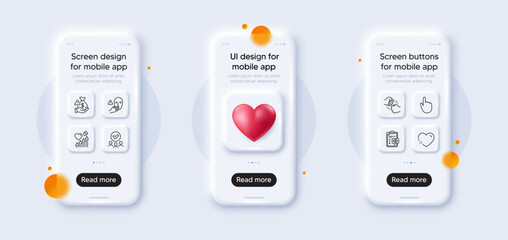 Bribe, Dont touch and Approved group line icons pack. 3d phone mockups with heart. Glass smartphone screen. Heart, Heart beat, Hand click web icon. Eye checklist, Fist bump pictogram. Vector