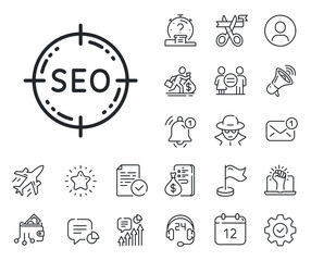 Search engine optimization sign. Salaryman, gender equality and alert bell outline icons. Seo target line icon. Aim symbol. Seo line sign. Spy or profile placeholder icon. Vector