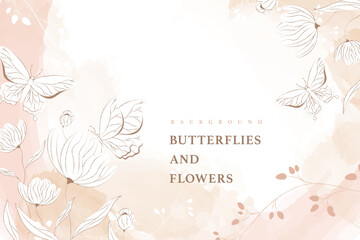 delicate pink botanical background with flowers and butterflies watercolor vector