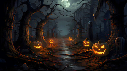 Pumpkins In Graveyard In The Spooky Night, dark sky-blue and dark gray color with jack o lantern, Generative AI