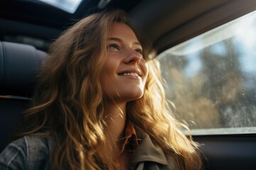 happy woman travel summer by car in vacation. Generative AI