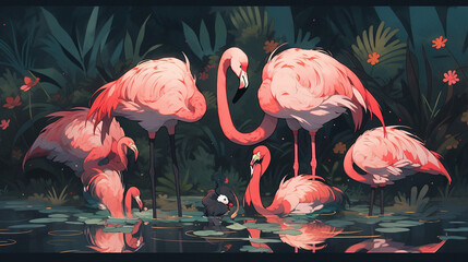 flamingos bird in the pond water colorful watercolor brush stoke generative AI
