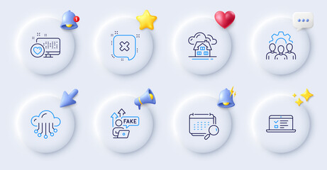 Fake internet, Calendar and Building line icons. Buttons with 3d bell, chat speech, cursor. Pack of Reject, Team work, Web lectures icon. Heart, Cloud storage pictogram. For web app, printing. Vector