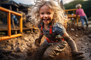 Happy childhood picture of a little girl laughing, having fun playing in mud of a playground after rain with copy space - obrazy, fototapety, plakaty