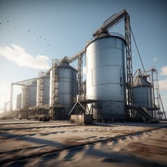 Obraz premium stocks of grain in granaries. grain deal concept, metal racks for grain storage, Generative AI
