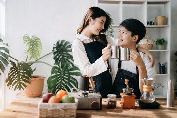 Asian couple joking around, couple, leisure activities.