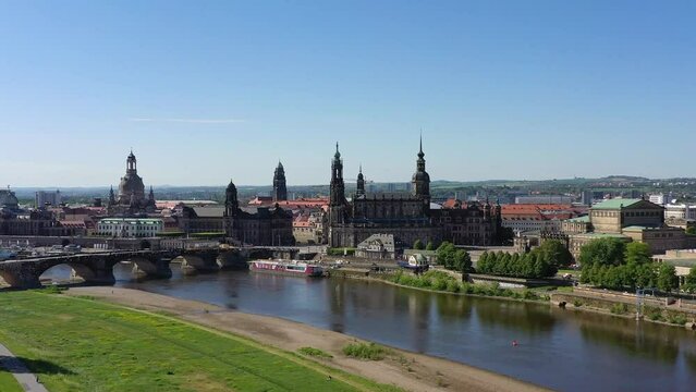 Drone shot, flight over the historic Old Town, the Elbe River and all sights, jetty, Church of Our Lady, Schlosskirche, Dresden Castle, City Hall, Kreuzkirche, Dresden, Saxony, Germany, Europe