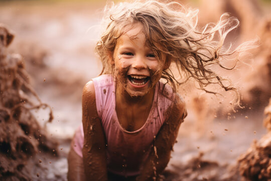 Happy childhood picture of a muddy little girl laughing, having fun playing in rain puddle with copy space