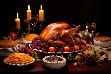 golden-brown roast turkey surrounded by traditional dishes such as mashed potatoes, cranberry sauce, and pumpkin pie