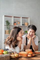 Asian couple joking around, couple, leisure activities.