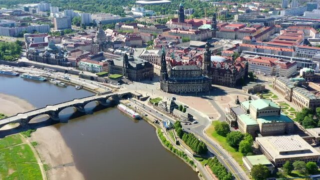 Drone shot, flight over the historic Old Town, the Elbe River and all sights, jetty, Church of Our Lady, Schlosskirche, Dresden Castle, City Hall, Kreuzkirche, Semperoper, Zwinger, Dresden, Saxony