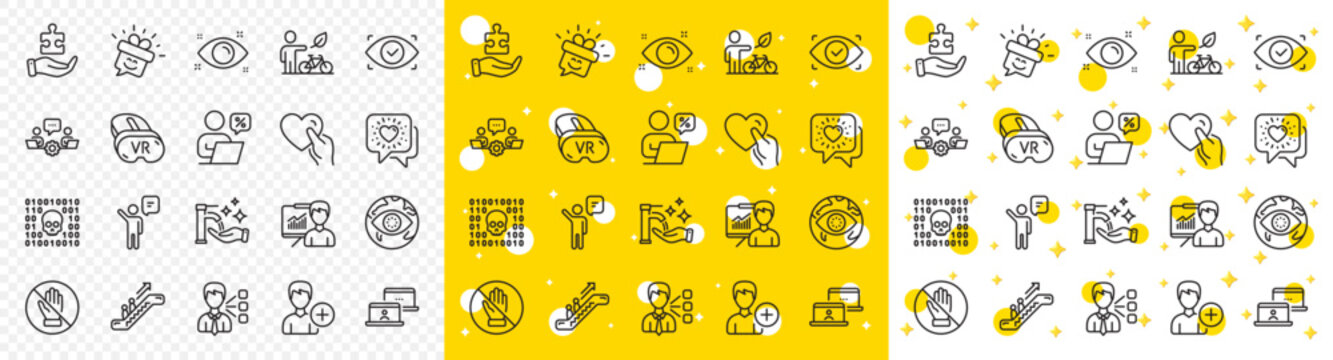 Outline Agent, Binary code and Vr line icons pack for web with Teamwork, Health eye, Presentation line icon. Escalator, Online discounts, Smile pictogram icon. Corrupt, Biometric eye. Vector